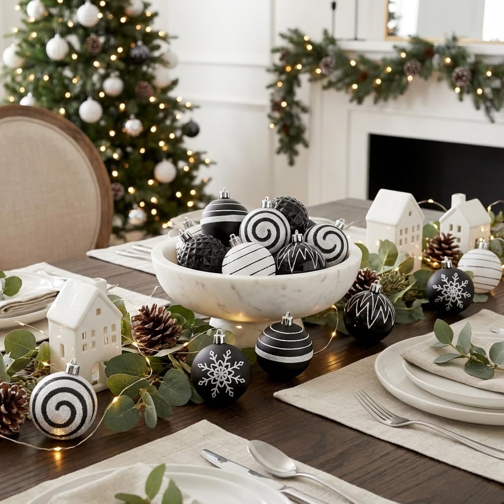 Valery Madelyn Christmas Ornaments Tree Decorations, 16ct Black and White Shatterproof Boho Christmas Ball Ornaments Set, 2.36 Inch Modern Decorative Hanging Ornament Bulk for Xmas Holiday Party Decor