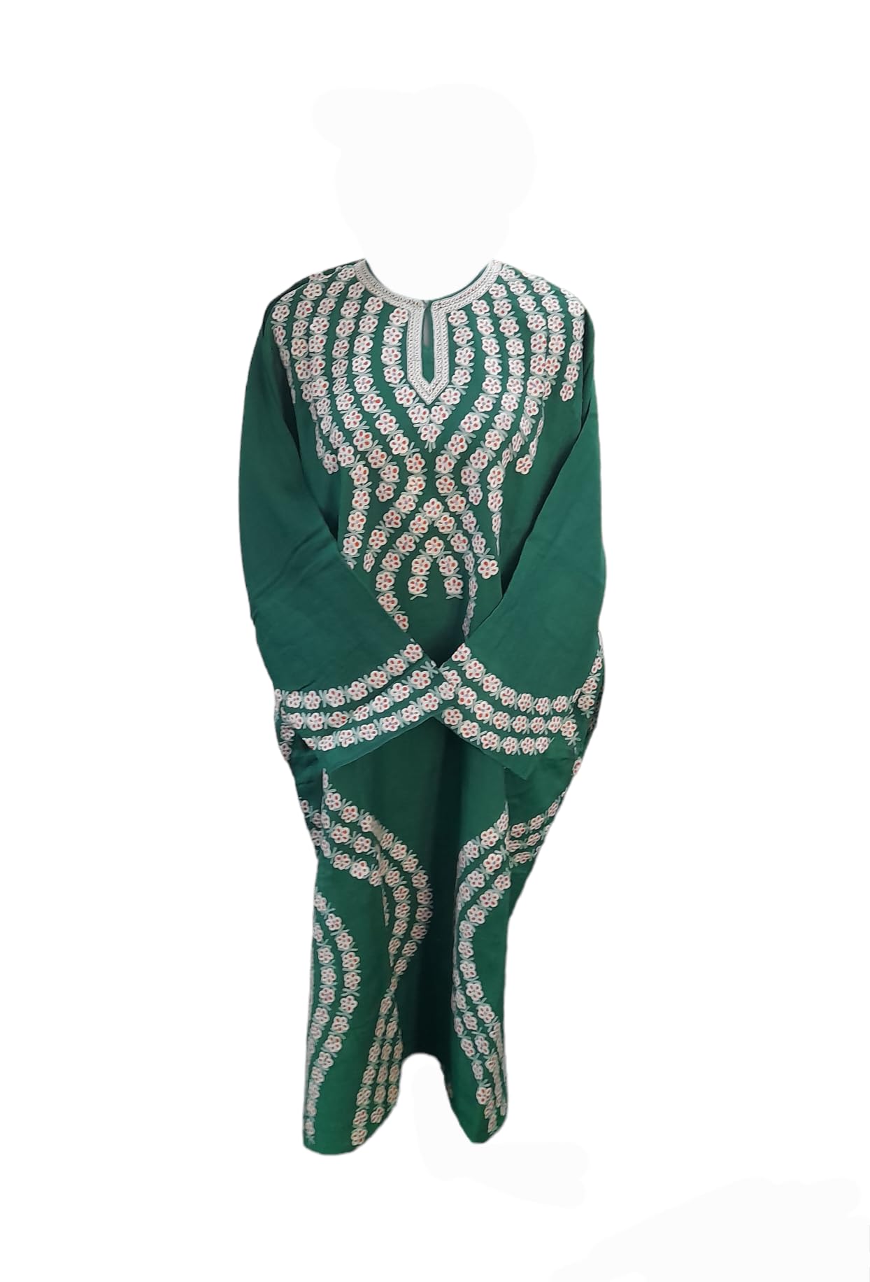 KASHUR POOSHAK Kashmiri Woolen Raffal Aari Embroidery Pheran for Women || Green Color || Length : 43" Bust : 27"-picture-18