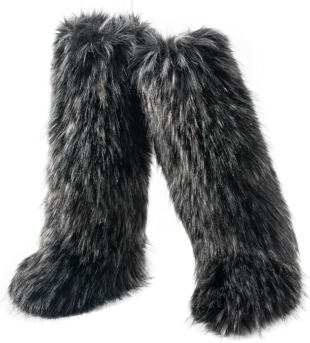 Faux Fur Boots for Women Winter Knee High Furry Snow Boots Fuzzy Fluffy for Girls Flat Long Boots