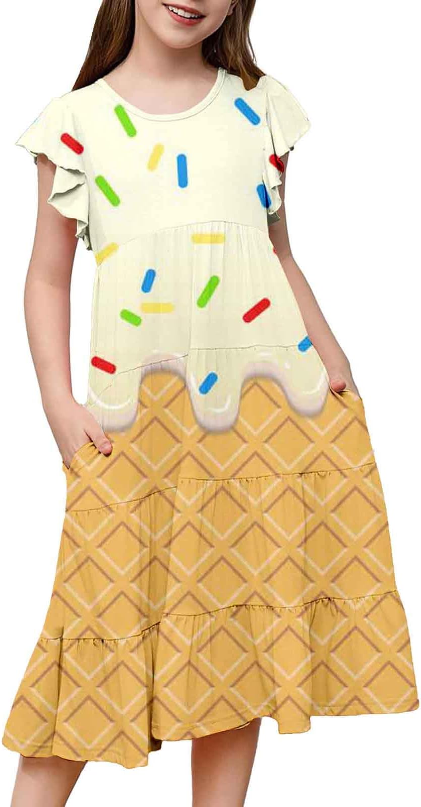 Kids Girls Summer Ruffle Hem Dress Flutter Sleeve Round Neck Cute Flared Trendy School Teenager Girls Dresses Comfy Casual Dance Party Beach Vacation Age 6-15 Years