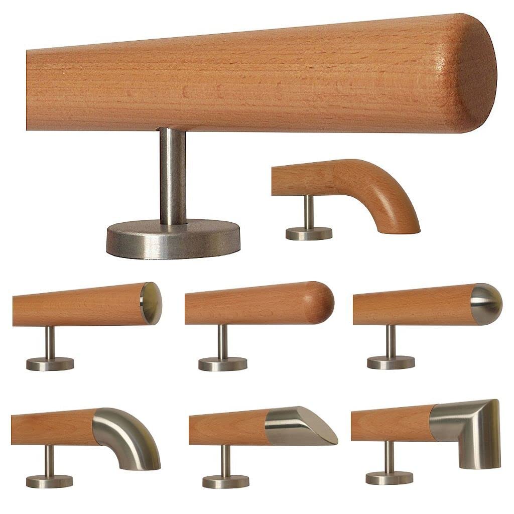 TIBU Buche Holz Handlauf 0,3-5m Treppe Wandhandlauf Geländer, Länge 160 cm mit 3 gerade Halter und Enden Radius gefräst