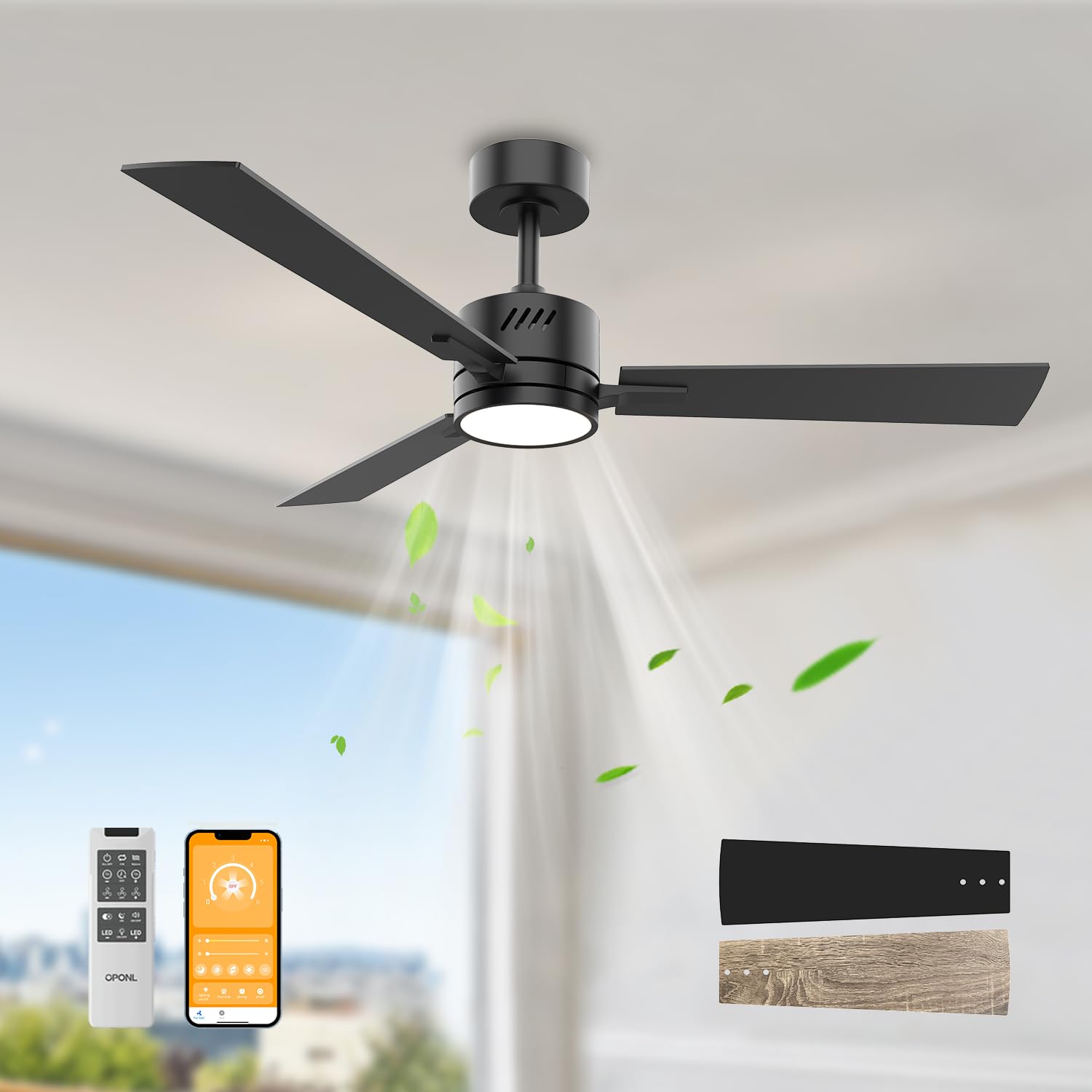 OPONL 42 Inch Black Ceiling Fan with Light and Remote Control