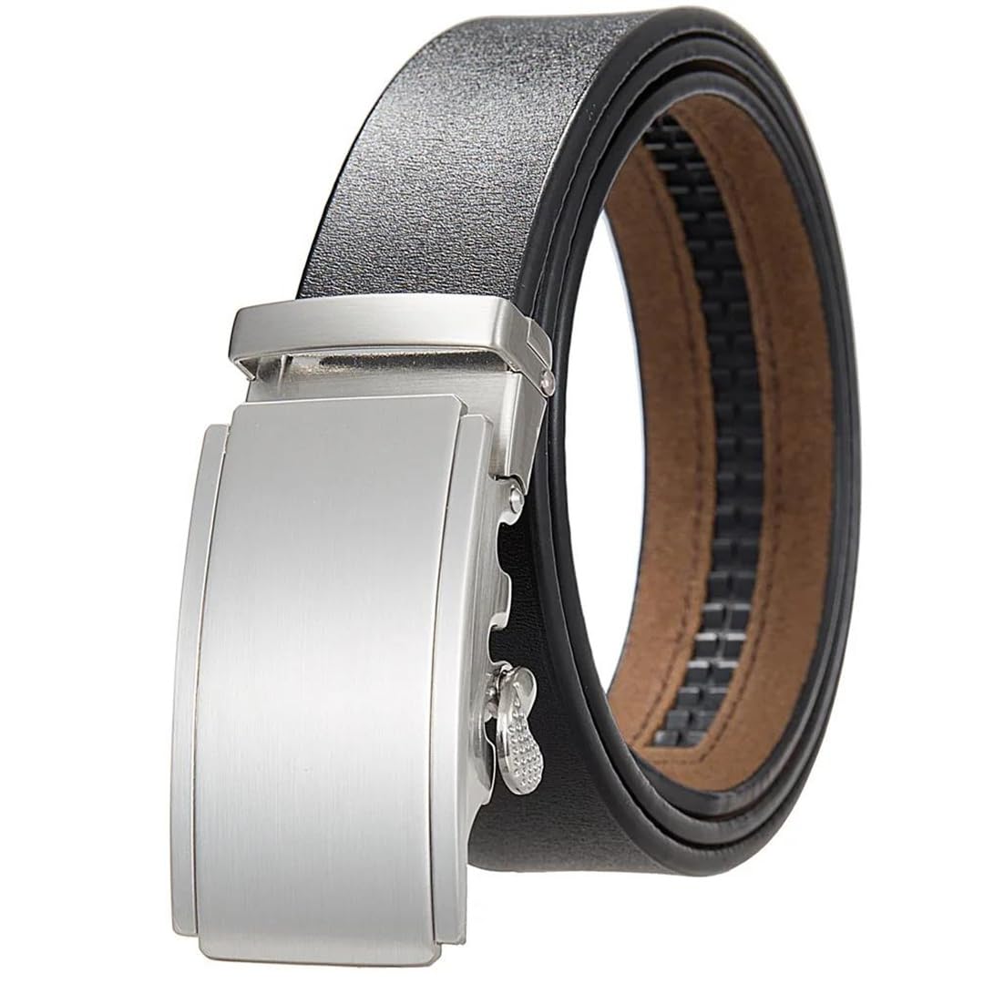 Yeuyyben Cinturón de cuero genuino con trinquete para hombre, hebilla automática, ajustable, negro, marrón, casual, negocios, jeans
