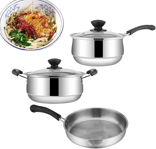 Miniatura 8 de Juego de ollas y sartenes antiadherentes, 3 piezas de paneles de utensilios de cocina de acero inoxidable, estante de sartén para freír, pantalla