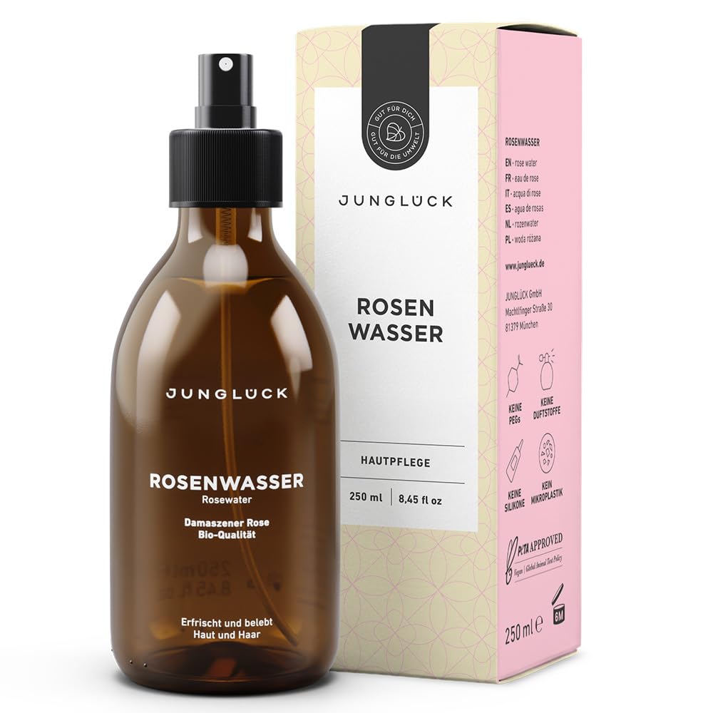 JUNGLÜCK 100% BIO Rosenwasser Spray 250ml - Vegan | 100% Rein Natürliches Gesichtswasser schenkt erfrischenden Duft und klärt porentief | Gesichtsreinigung ohne Alkohol für Gesicht, Körper und Haare