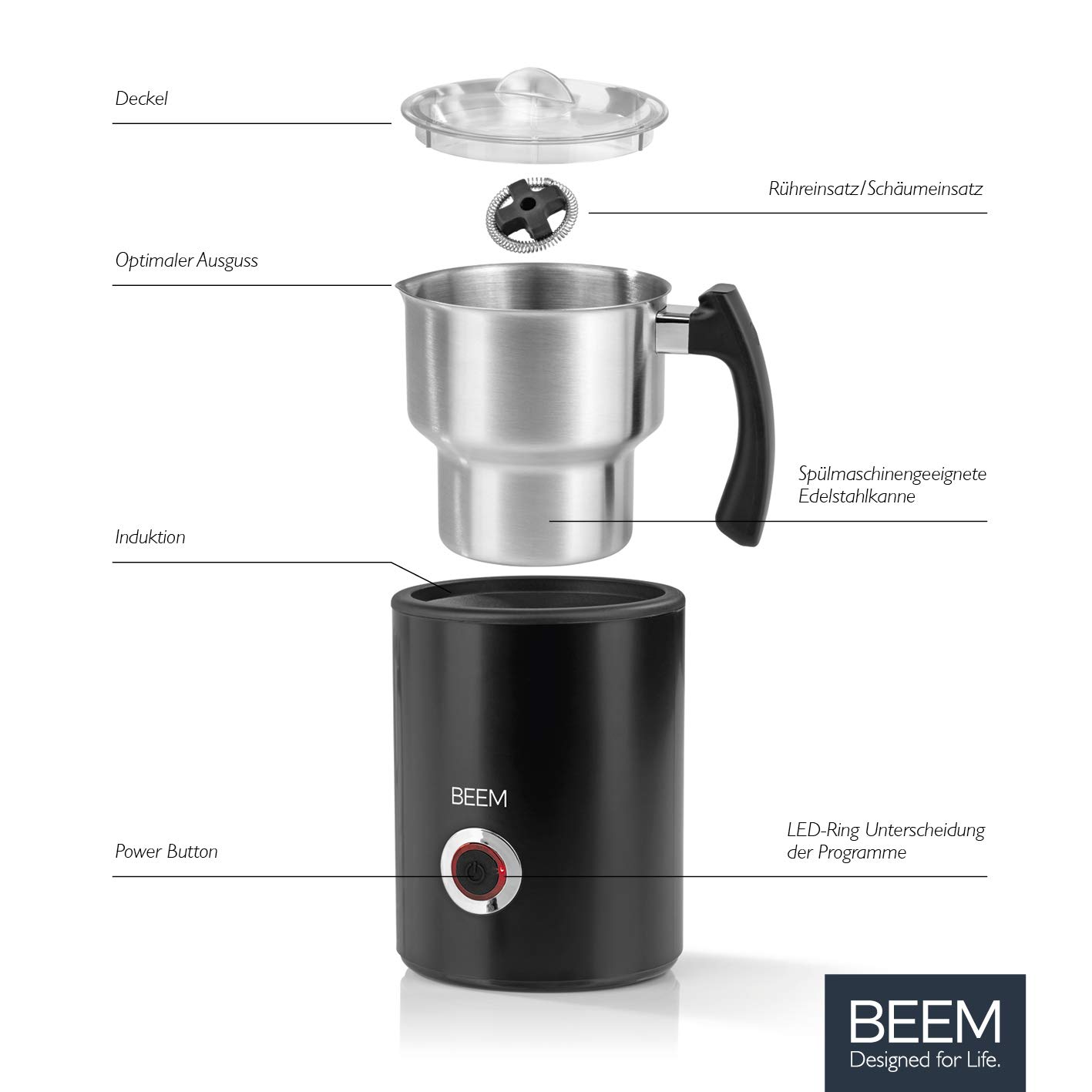 BEEM MILK-PERFECT indukcyjny spieniacz do mleka – 260 ml | indukcja | 3 programy | Cappuccino Latte Macchiato | pianka do mleka | bez przypalania | 500 W