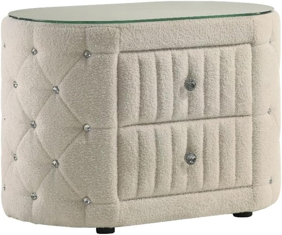 Pemberly Row 2-Drawer Upholstered Fabric Nightstand, 21.75" H x 31.5" W x 18" D, Ivory Bouclé with Acrylic Button Tufts, Clear Tempered Glass Top, Oval Design, Modern Bedroom Storage