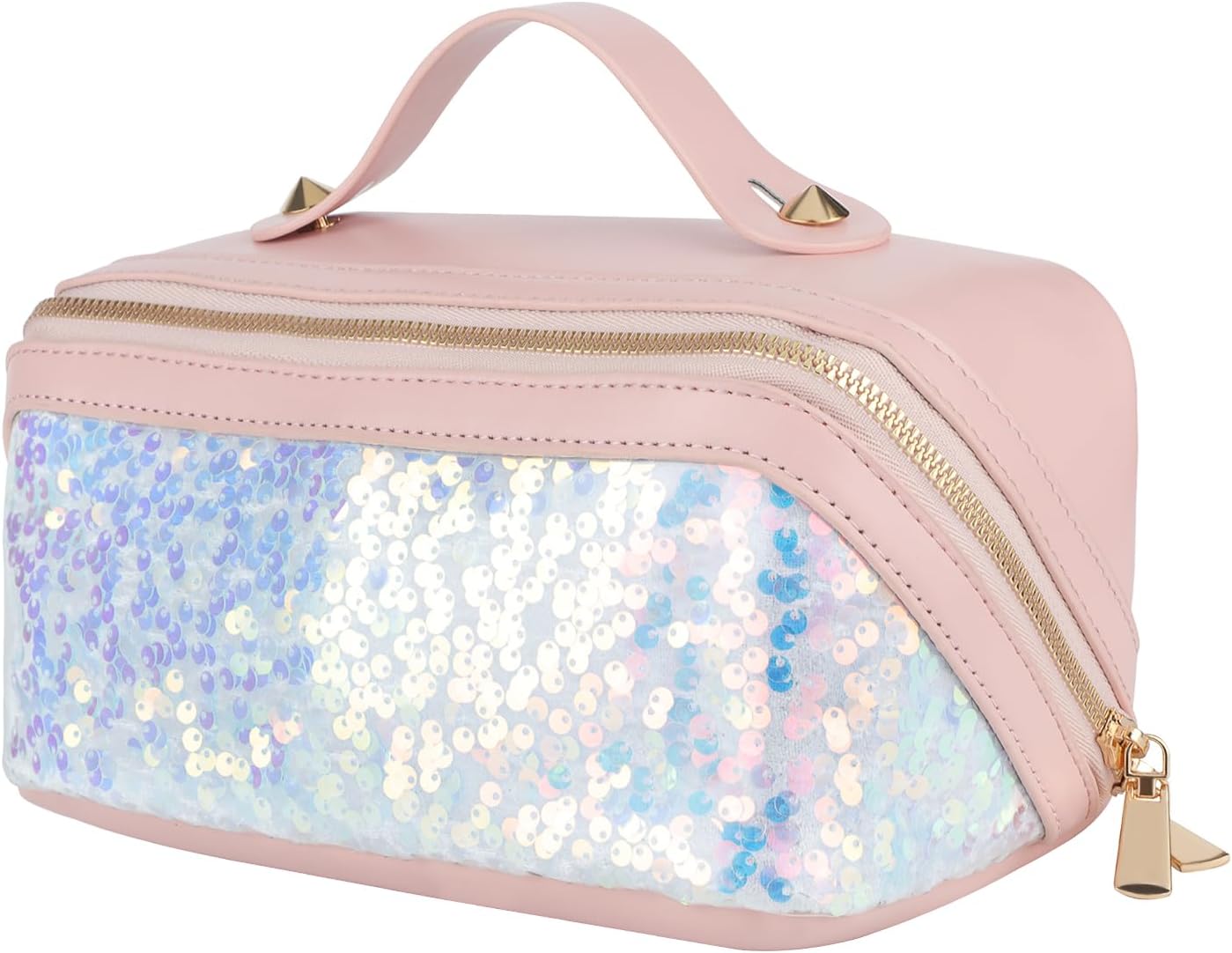 Travel Makeup Bag,Makeup Organizer Bag,Toiletry Bag,Large Capacity with Glitter Sequin Cosmetic Bag,Open Flat Toiletry Bag Make up Organizer with Divider and Handle (Pink)