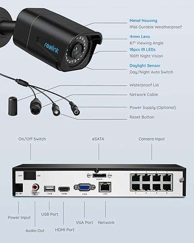 Miniatura 7 de Sistema de cámaras de seguridad REOLINK 4K, 4 piezas de cámaras de seguridad PoE H.265 con cable y detección de personas y vehículos, NVR de 8