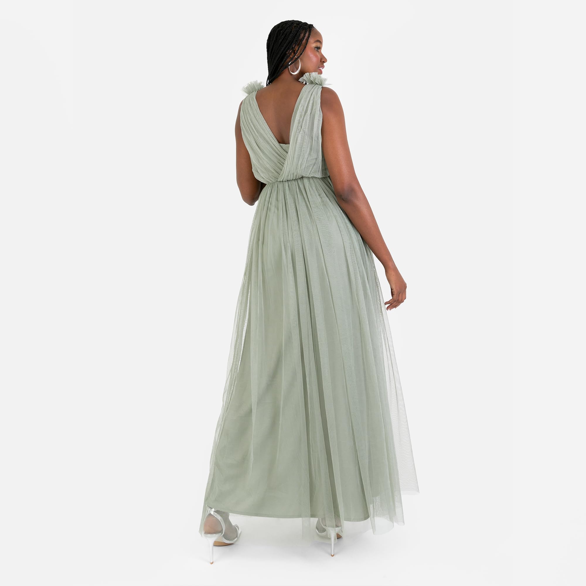 Anaya with Love Women's Maxi Dress Ladies Sleeveless V-Neck Sequin Embellished Tulle Ruffle Shoulder A-Line Bridesmaid Prom Ball Gown Vestito Donna