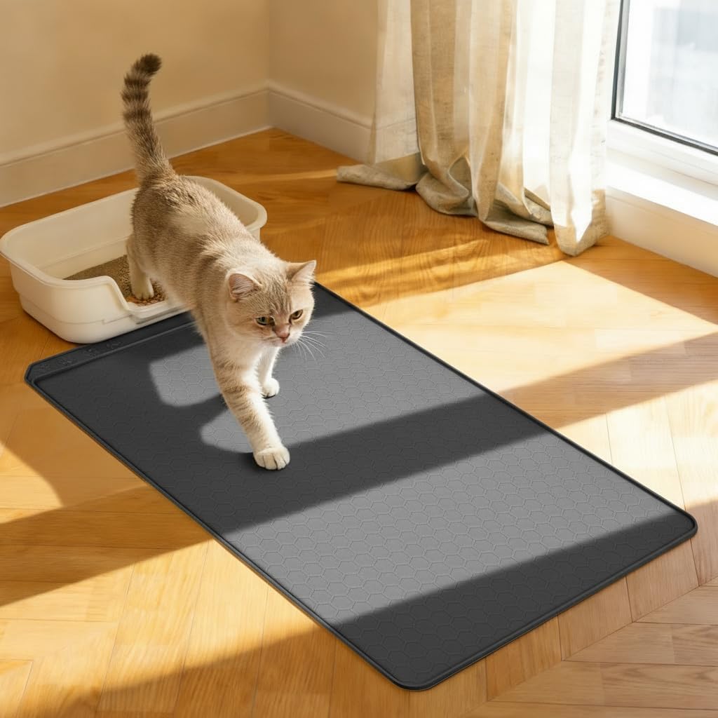 Meiliweser Extra Large Cat Litter Box Mat 34" x 22" – Waterproof Silicone Litter Trapper, Non-Slip, Easy to Clean Floor Protector, Soft on Kitty Paws(Dark Gray)