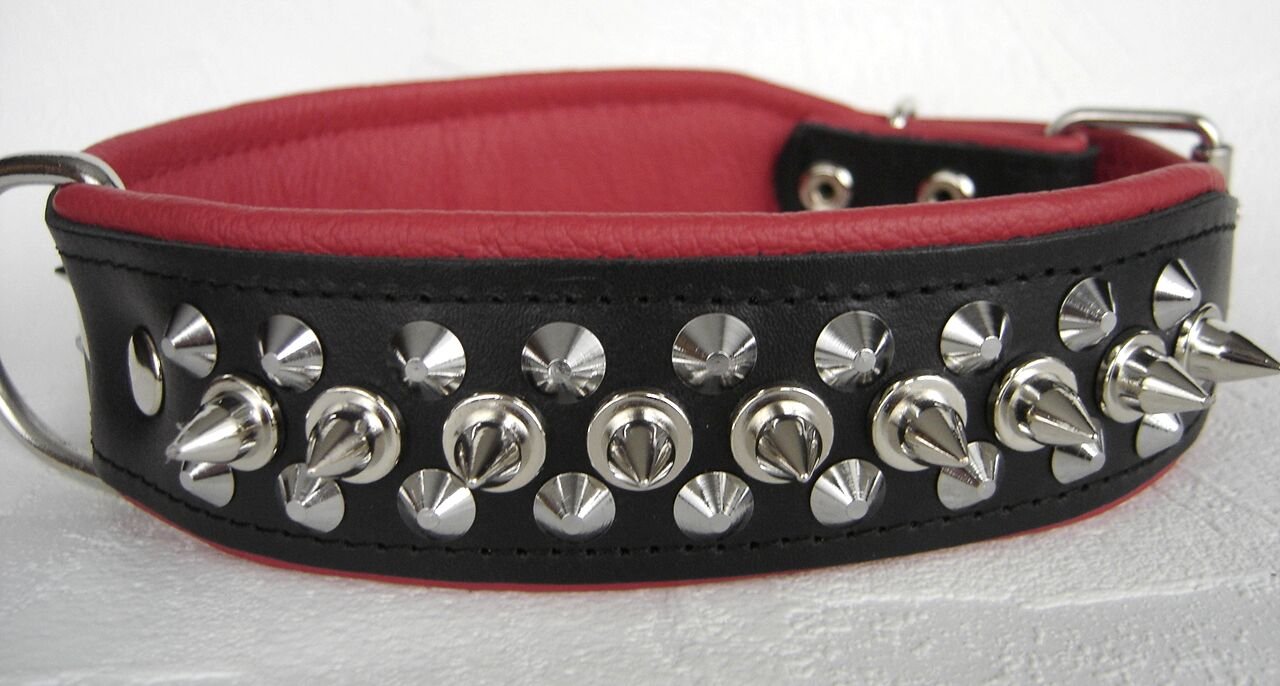 Hunde Halsband - Halsumfang 45-51cm/45mm, Leder+Nieten - Schwarz-Rot (PL.24-5-14-61)