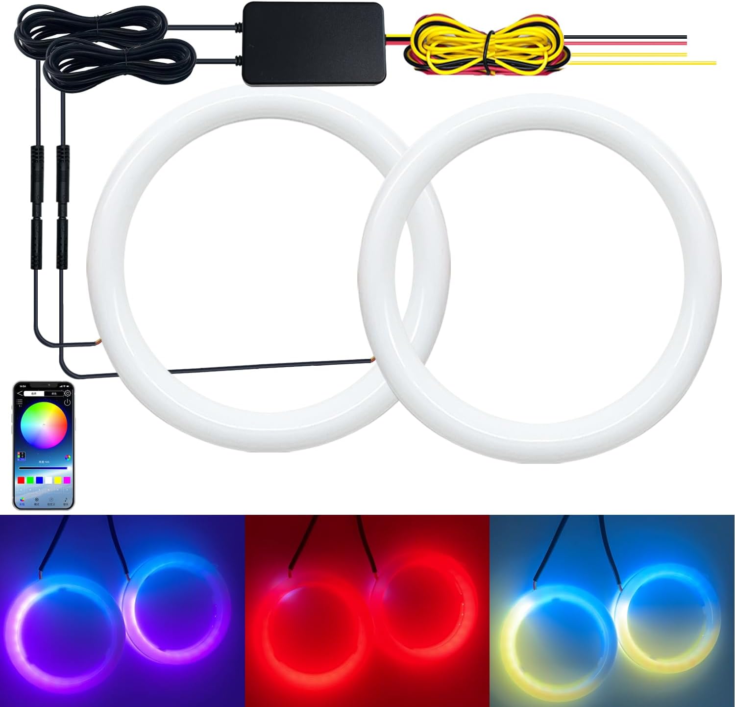 2Pcs Angel Eyes LED Lights,90MM DC12V 24V Halo Rings RGB DRLs Turn Signal Light with A pp Control Multi-Color for Car Motorcycle. (90MM)