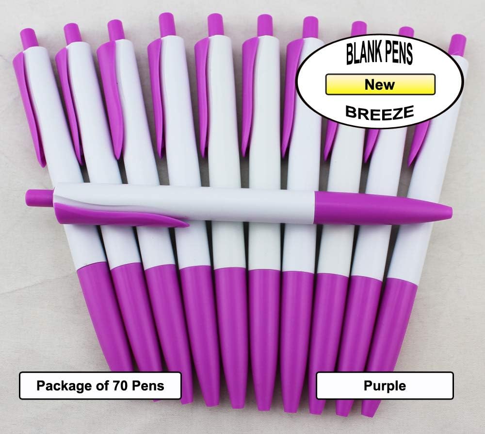 EZPENCILS & GIFTS Blank Pens Bulk - Colored Ballpoint Pens - Blue Ink Pens - Breeze Pens - Purple Tip, Clip and Cap - 70 Pcs