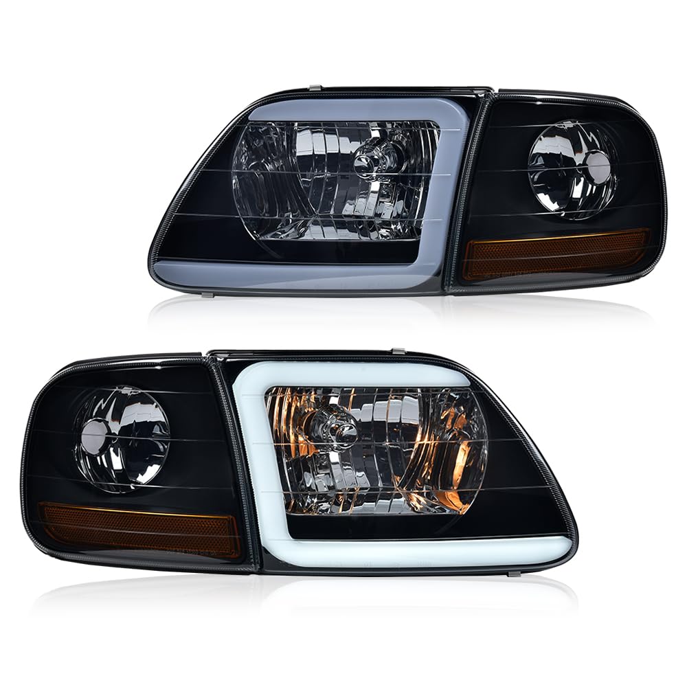 G-PLUS LED Headlights Corner Parking Lights Fit 1997-2002 Ford Expedition/Fit 1998-2003 F150/Fit 1997-1999 F250 Smoke Lens Black Housing Amber Reflector HeadlampsBumper Headlamps,faros delanteros