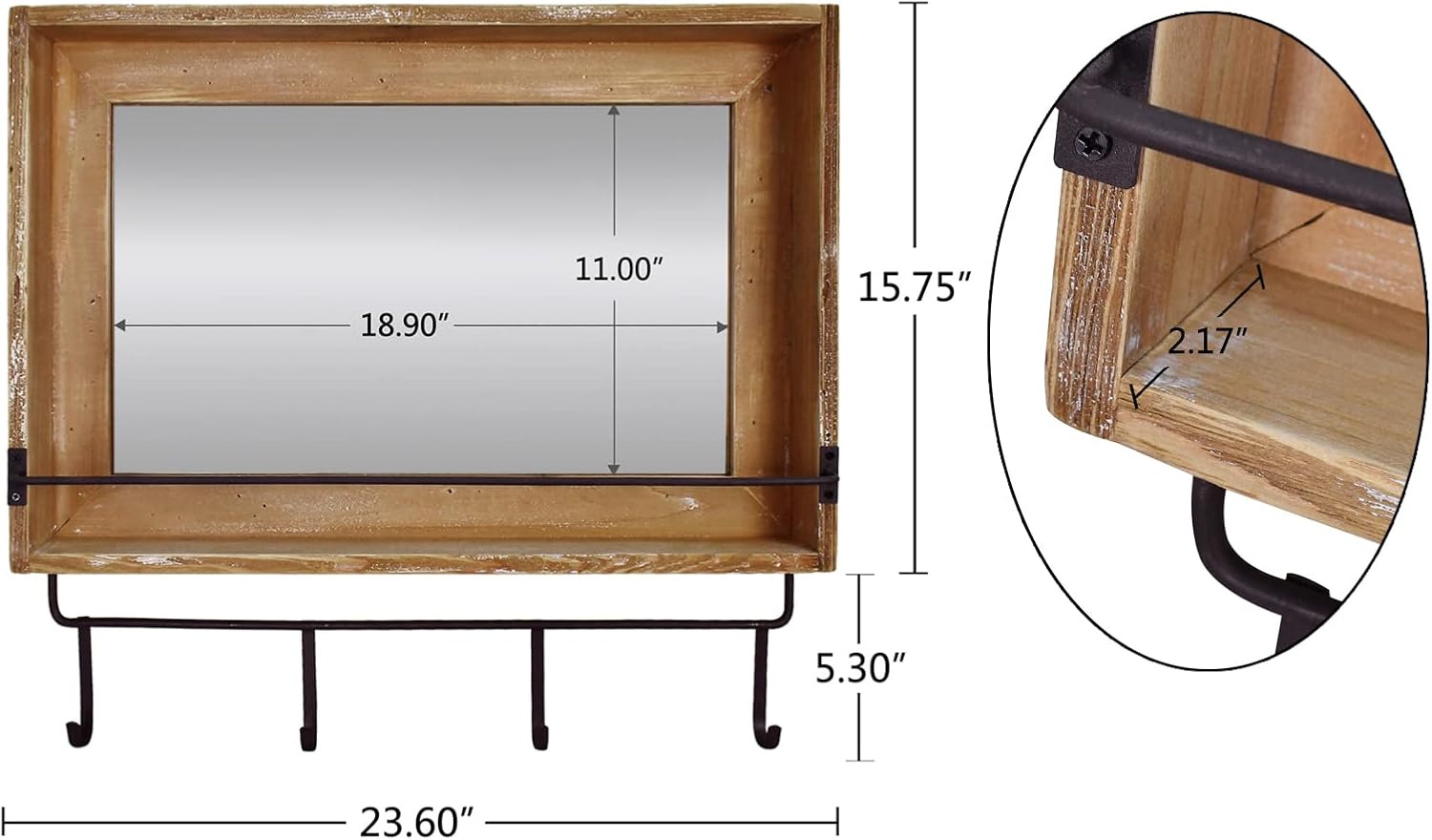Aecipl Wall Mirror with Hooks and Shelf Decorative Wood Framed Entryway Mirror - Rustic Wall Mount Hanging Mirror for Bathroom Bedroom Living Room Farmhouse (23.6" x 15.75")