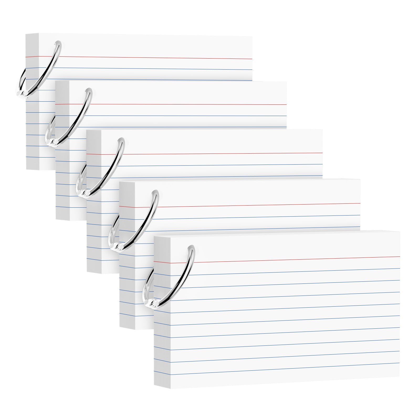 250 Count White Index Cards 3x5 Inch with Key Ring, 180gsm Heavyweight Flash Card (50 Sheets Each), Durable & Portable Note Taking for Students, Teachers, Study Note Cards for Office Home School