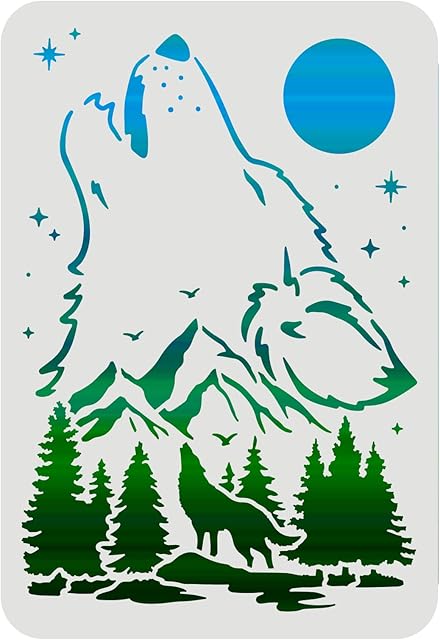 FINGERINSPIRE Wolf Stencils Decoration Template 29.7x21cm Plastic Forest Mountain Moon Drawing Painting Stencils A4 Reusable Stencils for Create DIY Wolf Crafts and Decor