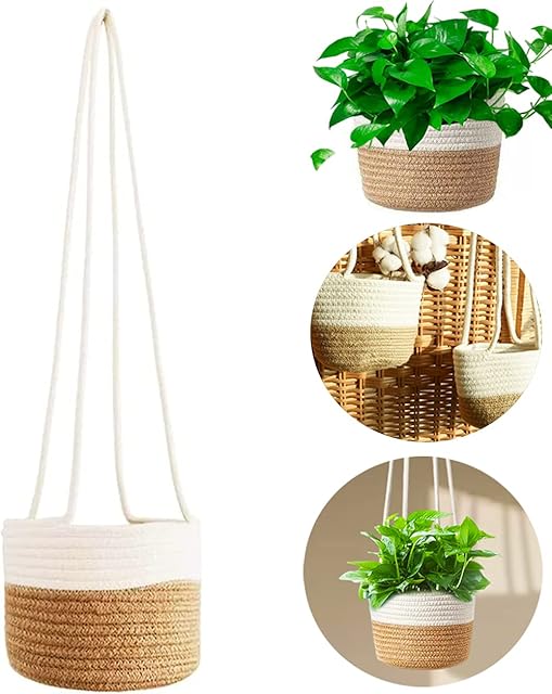 Hanging Plant Pot Cotton Rope Woven Basket Indoor Flower Pot Home Storage Hanger Decor for Home Room Indoor Outdoor Garden Decoration (Beige+White)