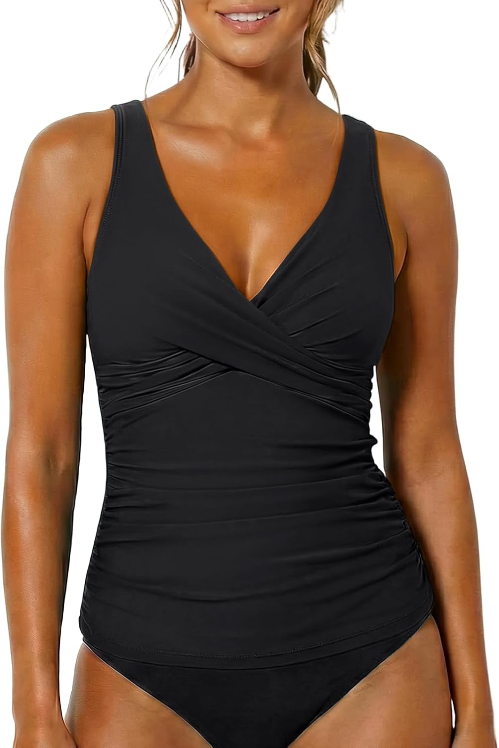 Firpearl Women Underwire Tankini Top Only Twist V Neck Swimsuits for Big Busted Ruched Tummy Control Bathing Suits Top - Image 3