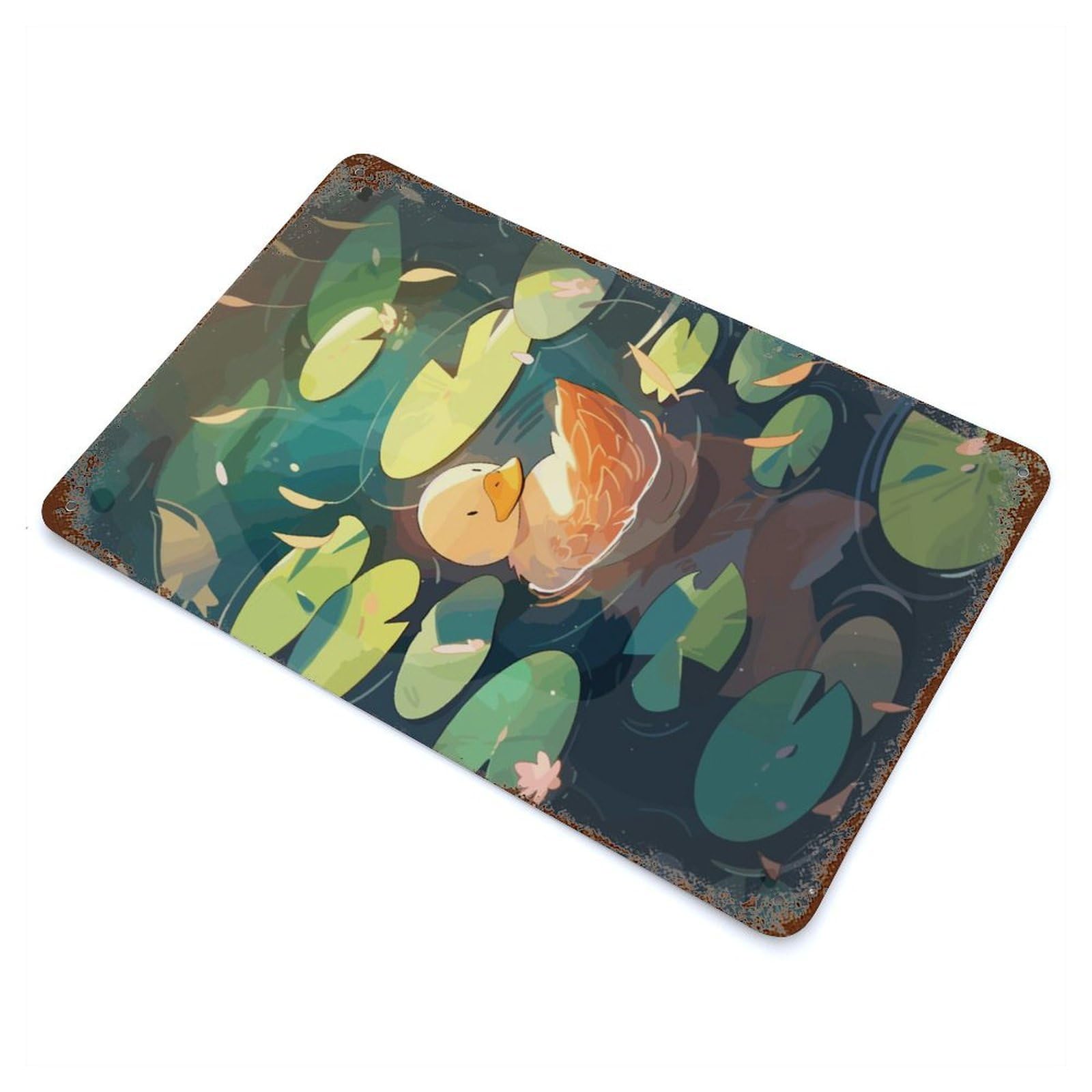 Tranquil Duck In A Pond 11.8"x7.9" Rust Effect Tin Sign, Rustic Home Decor for Office, Studio And Wall Decor