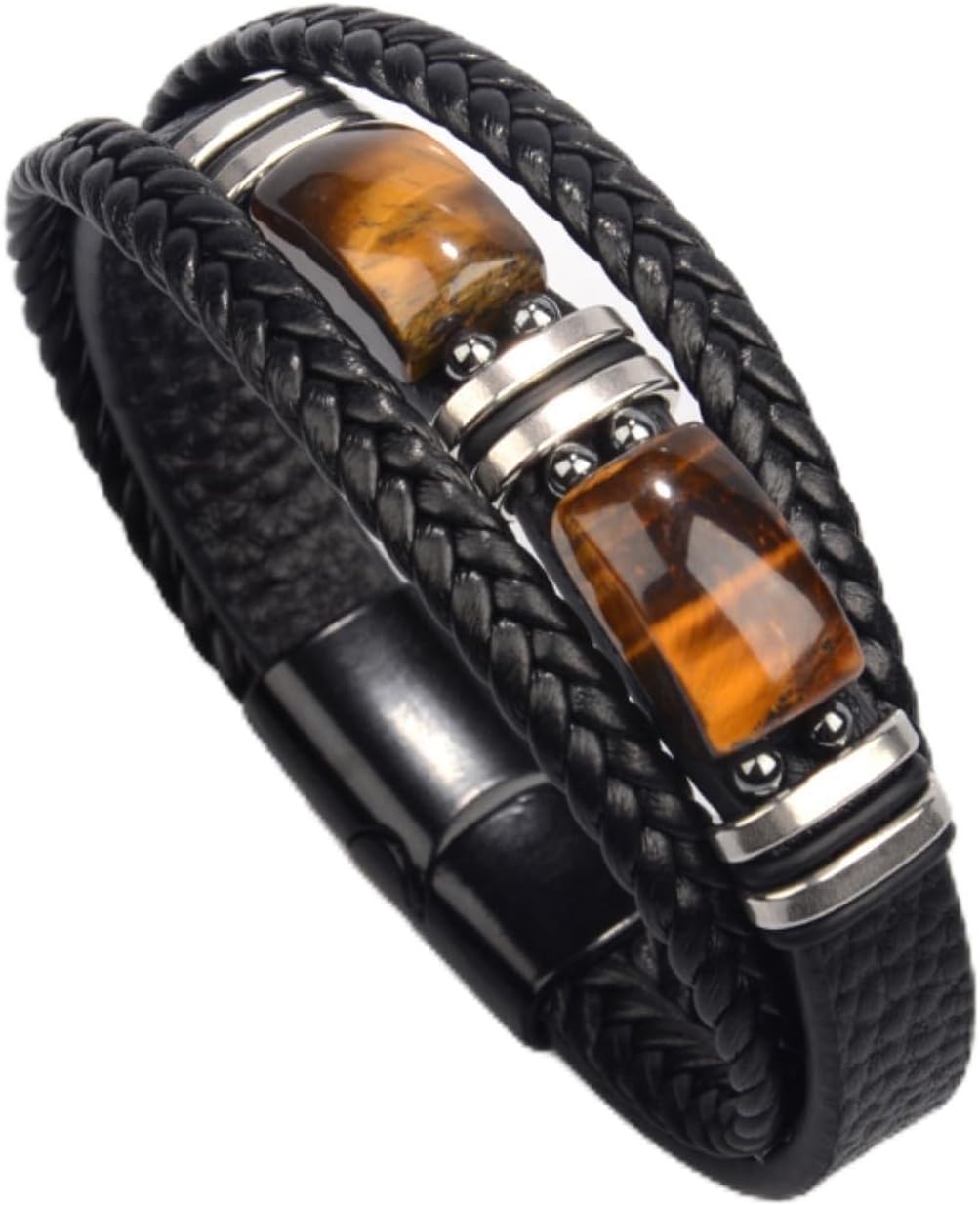 Tiger Eye Black Leather Men’s Bracelet,Handmade Natural Tiger Eye Gemstone Jewelry, Classic Crystal Stone Bracelet with Layered Design