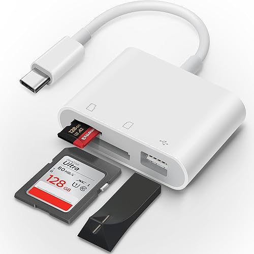 Lector de tarjetas SD USB C para iPhone 15 iPad Mac 3 en 1 Adaptador de tarjeta de cámara de memoria USB-C con ranuras dobles y puerto USB para Mac