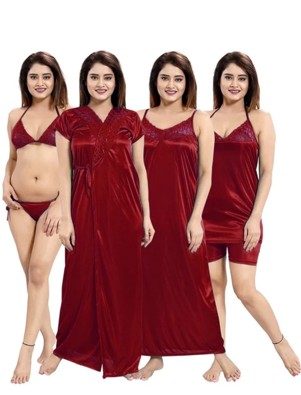 Women Nighty 4 Piece Nightwear Set with Robe, Camisole Top, Shorts & Lace Lingerie Bra Panty Set Soft Silk Sleepwear Bridal Night Dress for Women-picture-29