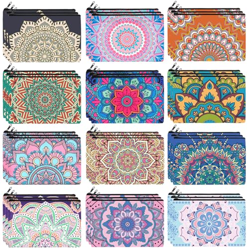 Hillban 36 Pcs Mandala Makeup Bags Bohemian Cosmetic Bags for Women Mandala Flowers Travel Toiletry Pouch with Zipper Portable Organizer Pouch for Cosmetics Makeup Brushes, 12 Styles