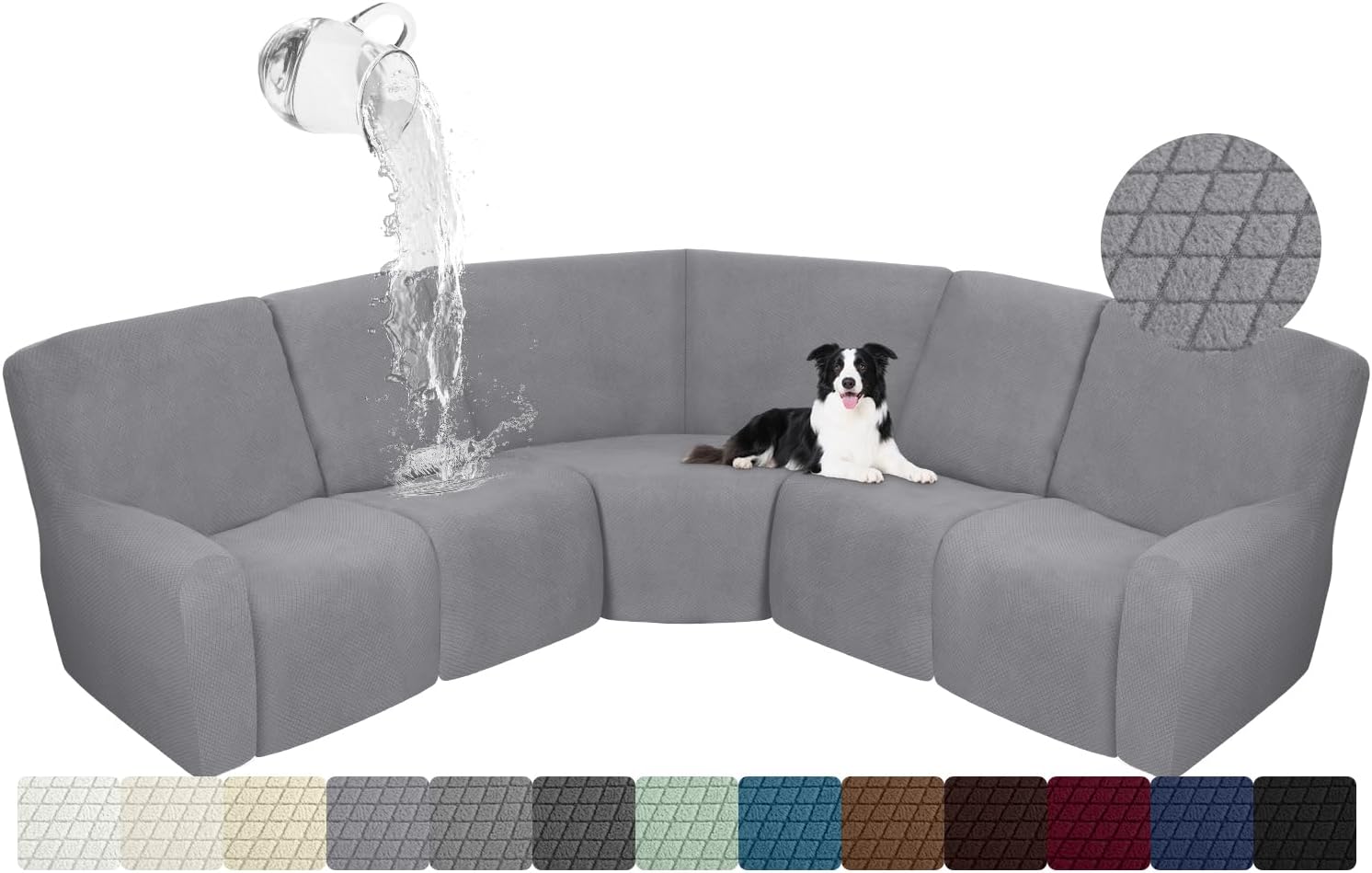 ALIECOM Waterproof Sectional Recliner Couch Covers for Reclining Sectional Stretch L Shaped Recliner Sofa Cover Washable Jacquard Corner Sofa Slipcovers Pet Dog Protector (5 Seat, Light Grey) 5 Seat Light Grey