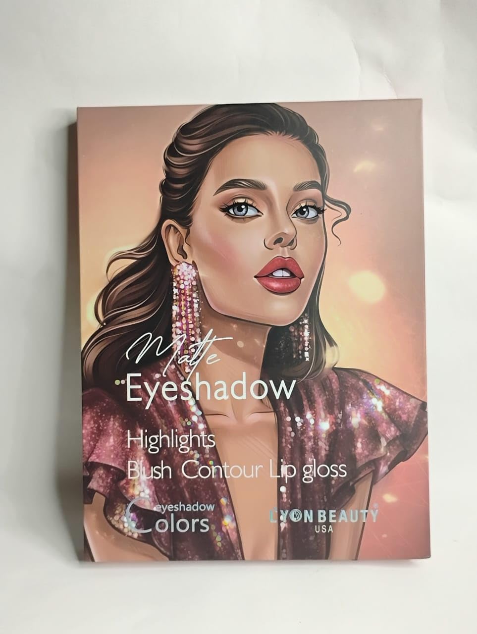professional makeup palette book with matte eyeshadow, highlights, blush, contour and lip gloss