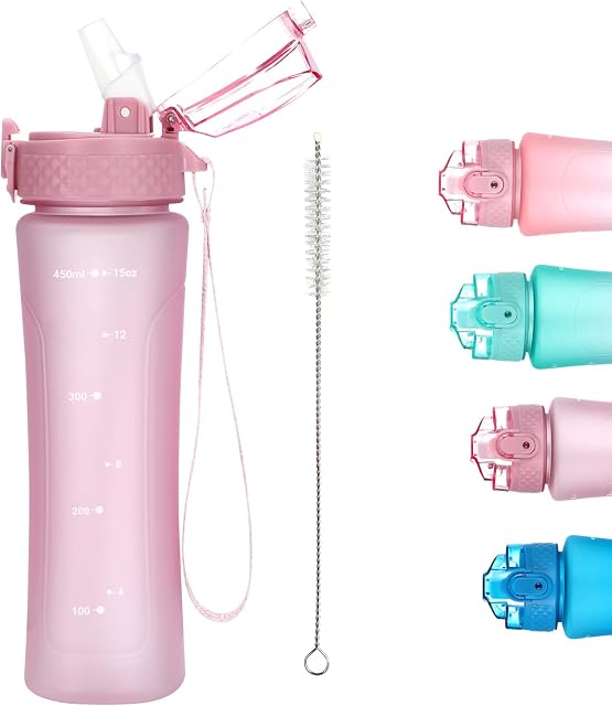 OLDLEY 450ml/15oz Kids Water Bottle with Straw Childrens Boys Girls Toddler Reusable Drink Bottles with Times Markings for School Home Camping Outdoor Sports BPA Free Leakproof Durable
