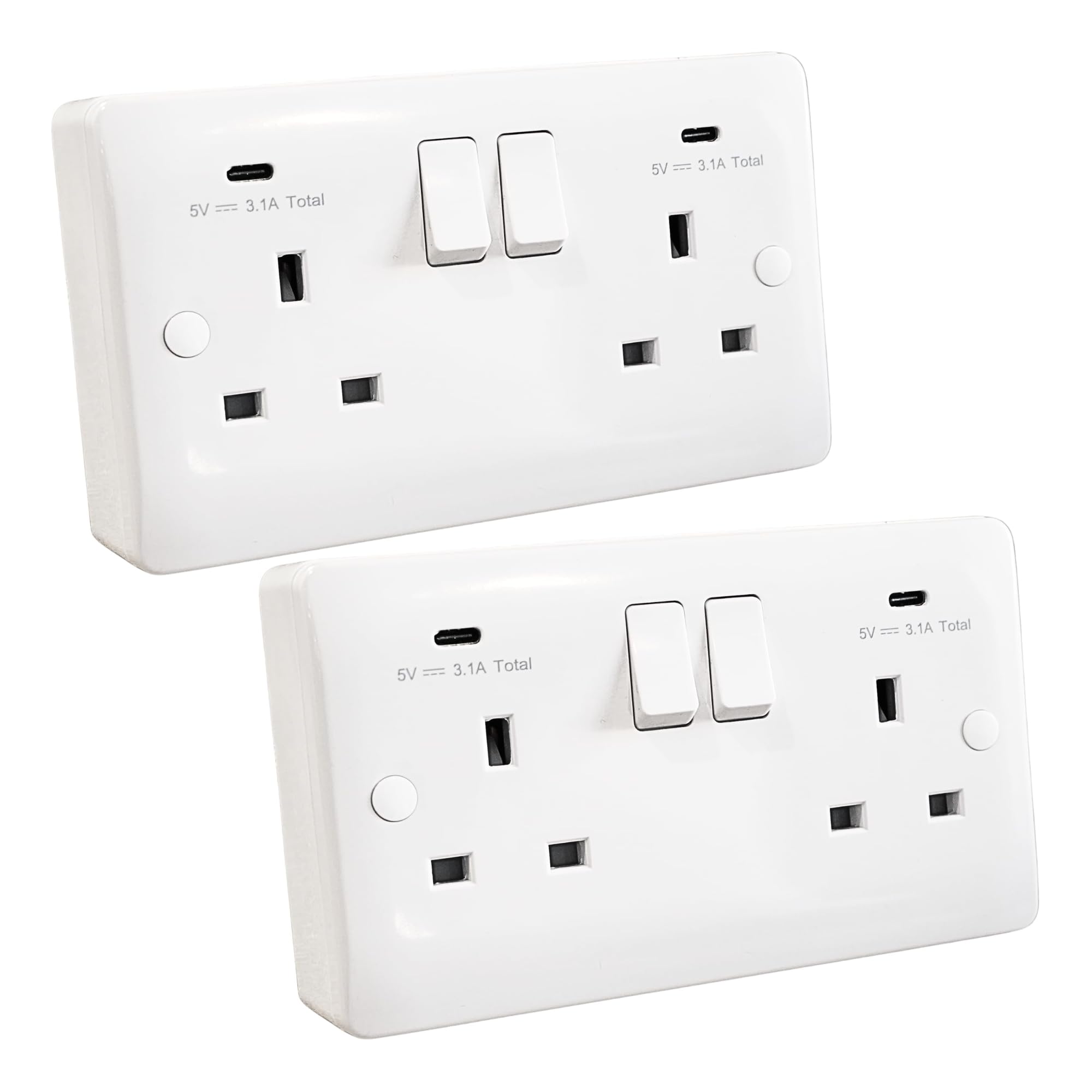 SHPELEC Double Socket with FASTCHARGE USB-C and 25mm Pattress Box, 2 Gang Switched Wall Socket White, Dual Charging Ports 15W, UK Double Plug Socket (2 Pack) โ image 1