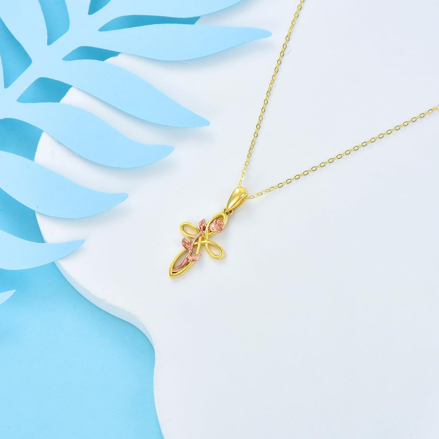 SISGEM 14K Real Gold Celtic Cross Knot Necklace for Women,Yellow Gold Rose Flower Pendant Cross Necklaces Christmas Birthday Gifts for Mom Wife 16''- 18"