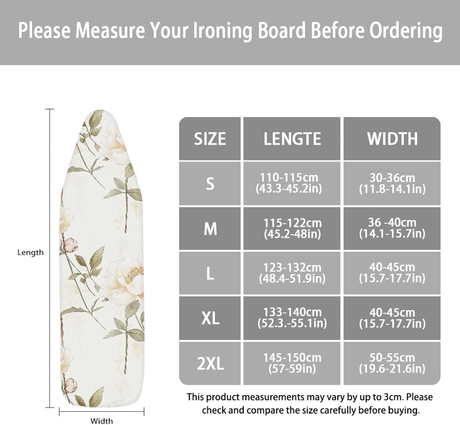 Ironing Board Cover 14x48 White Pink Flowers Iron Board Cover with Padding Heat Reflective,Scorch Resistant Thick Padding,Snug Fit Non-Slip Nose Pocket Fastener Straps Elastic Edges