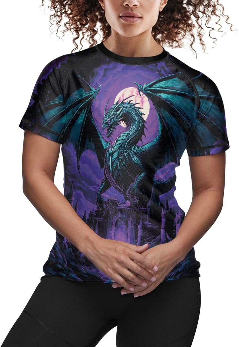 FORMONIES Women's Dragon BJJ MMA Rash Guard Short Sleeve Compression Shirt No Gi Jiu Jitsu Tops for Women