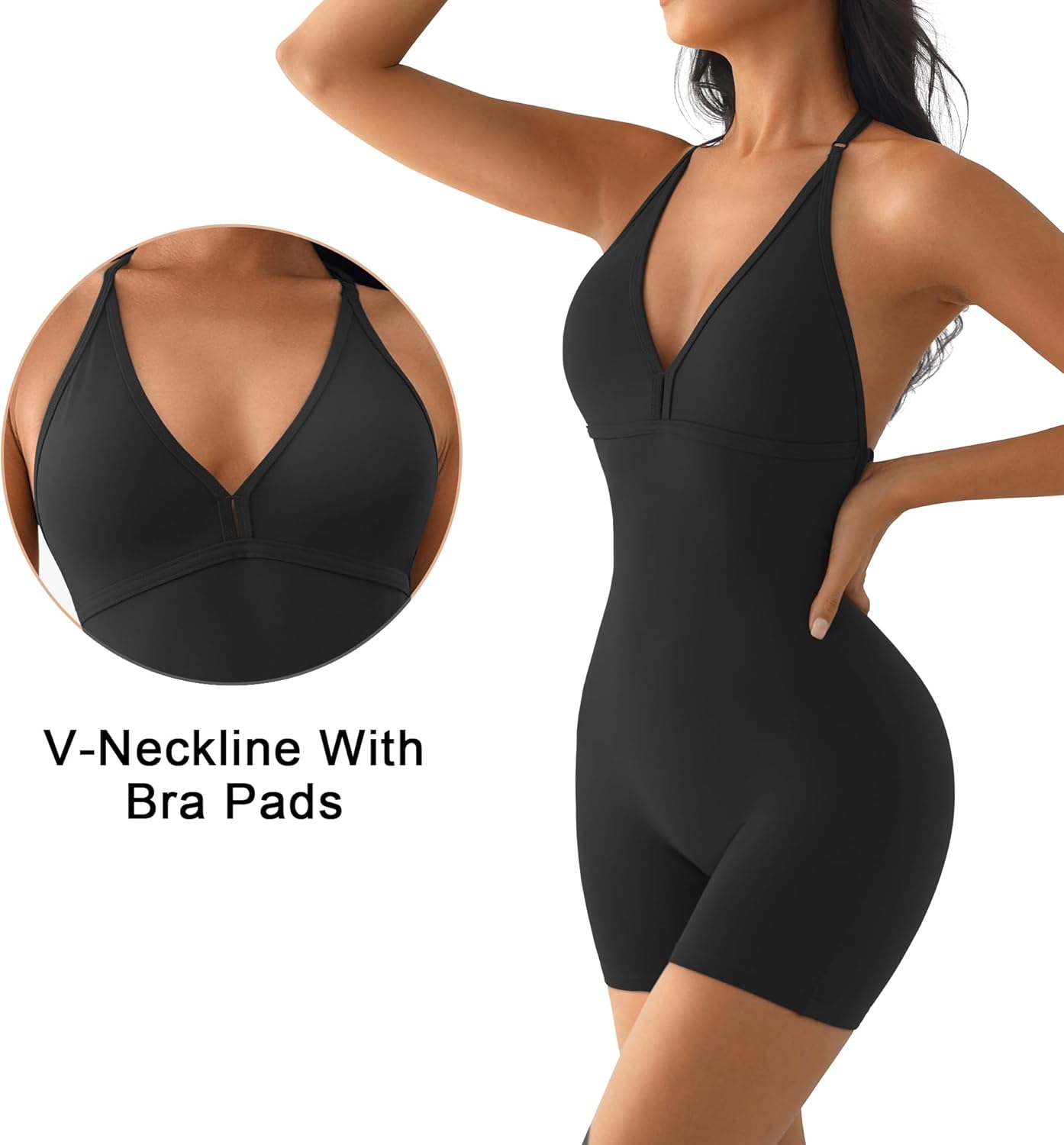 YEOREO Workout Jumpsuits Women Tummy Control Taylor V Neck Romper One Piece Sexy Backless Scrunch Butt Bodysuit - Image 4
