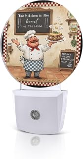 Night Lights Auto Sensor Funny Chef Night Light Cozy Cooking Kitchen Red Plaid Round Lamp Plug-in LED Nightlights Dusk to Dawn for Living Room Bedroom Bathroom Hallway Wall Decor