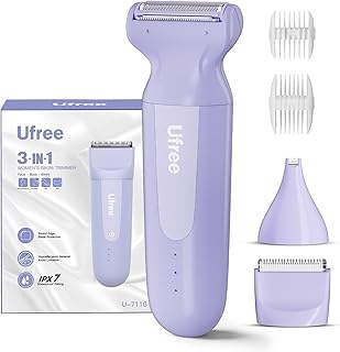 Ufree 3-in-1 Women's Electric Razor with Ceramic Blades, IPX7 Waterproof Bikini Trimmer for Women, Pubic Hair Trimmer, Cordless Rechargeable Shaver for Legs, Armpit, Valentine's Gifts for Women