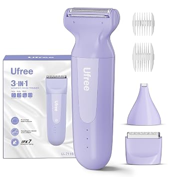 Ufree 3-in-1 Womens Electric Razor with Ceramic Blades, IPX7 Waterproof Bikini Trimmer for Women, Pubic Hair Trimmer, Cordless Rechargeable Shaver for Legs, Armpit, Valentines Gifts for Women