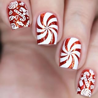 Christmas Press on Nails Short Square Fake Nails with Candy Designs Xmas Red Glitter False Nails Full Cover Stick on Nails Acrylic Winter Artificial Nails for Women Glue on Nails 24 Pcs