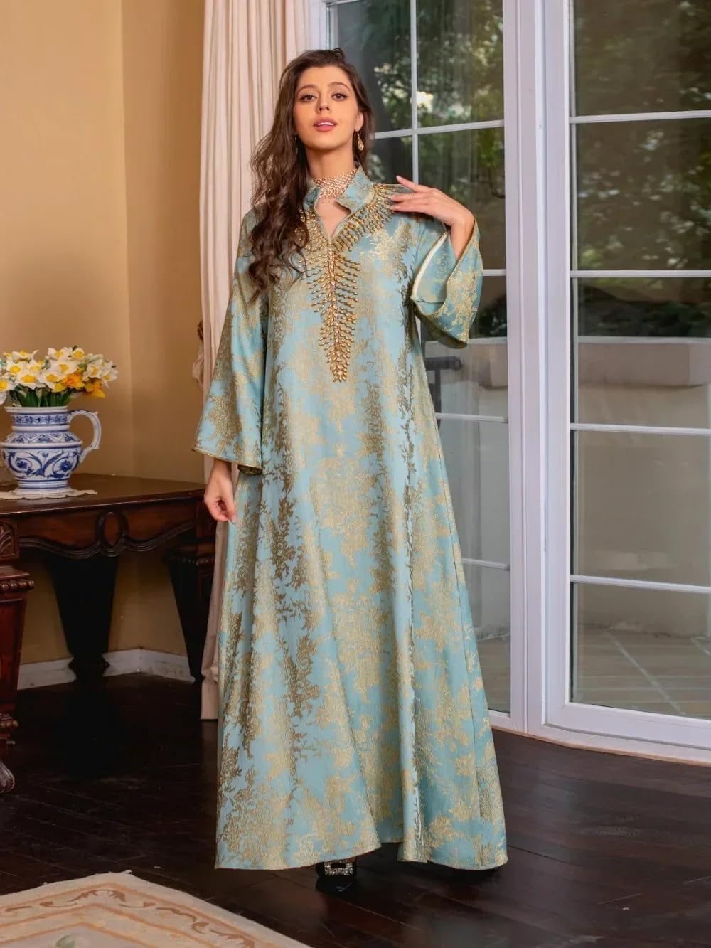 LIXINGHEITANG Dress for Women Abaya Beading Stand Collar Morocco Party Dresses Abayas Arab Long Robe