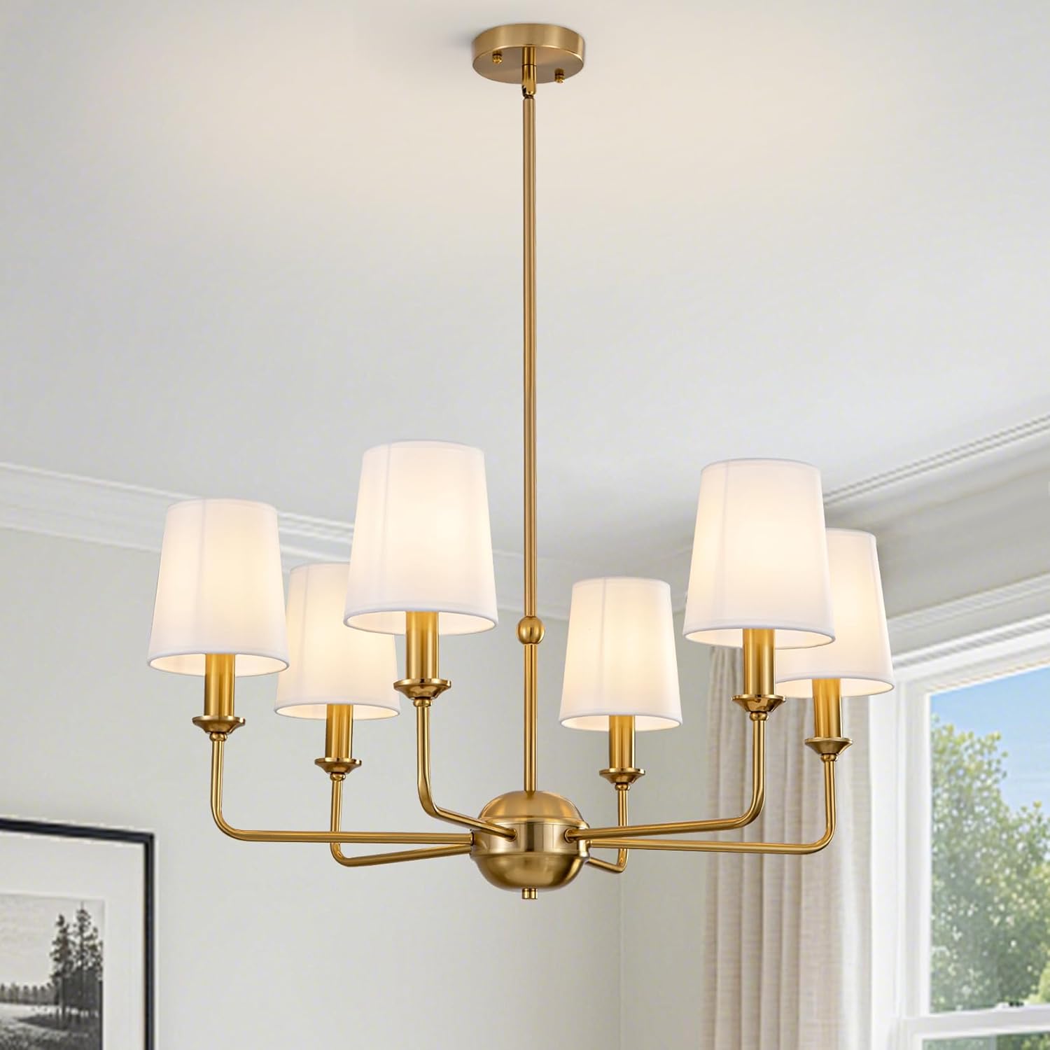 6-Light Modern Chandelier - Brushed Gold Chandelier Light Fixture with White Chandelier Shades, E12 Sockets Farmhouse Pendant Ceiling Lighting for Bedroom Entryway Foyer & Living Room