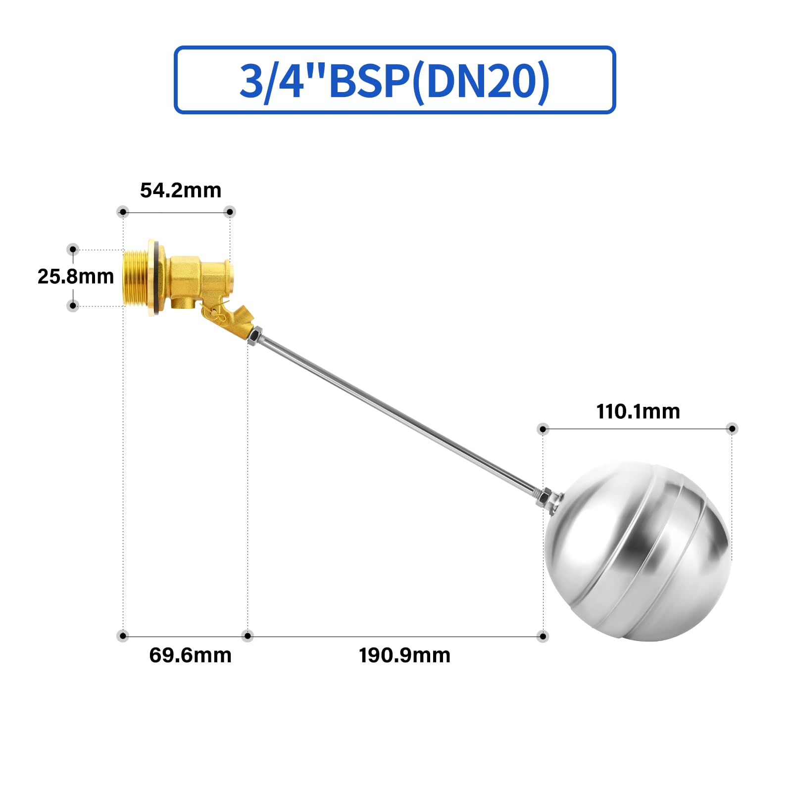 2 pièces 3/4" BSP de vanne à flotteur en acier inoxydable 304 avec adaptateur, Ballcock Interrupteur de contrôle automatique du niveau d'eau pour réservoir de stockage