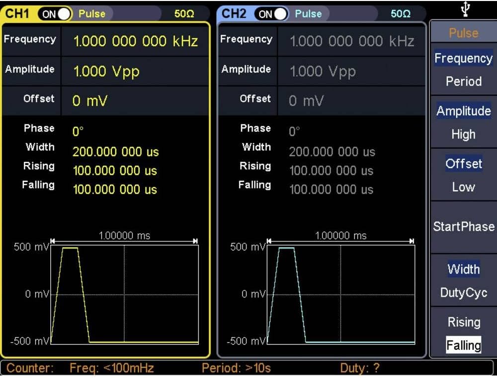 Display showing Pulse waveform settings on VOLTCRAFT FG-32502T