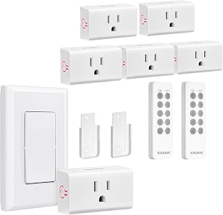 SURAIELEC Wireless Light Switch and Receiver (6 Outlets+1 Wall Switch+2 Remotes Kit)