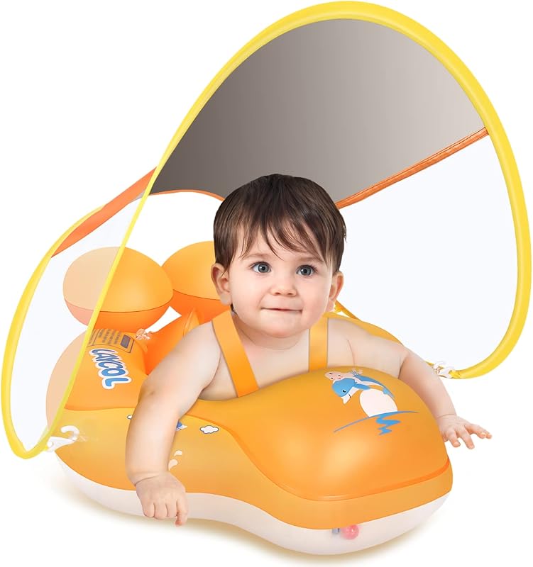Baby Pool Float with Canopy UPF50+, Skin Protect Toddler Floaties for 3-36M | Double Air Chambers, 0.35mm PVC, No Flip Over Inflatable Baby Float, Beach and Travel Pool Essential for Boys and Girls