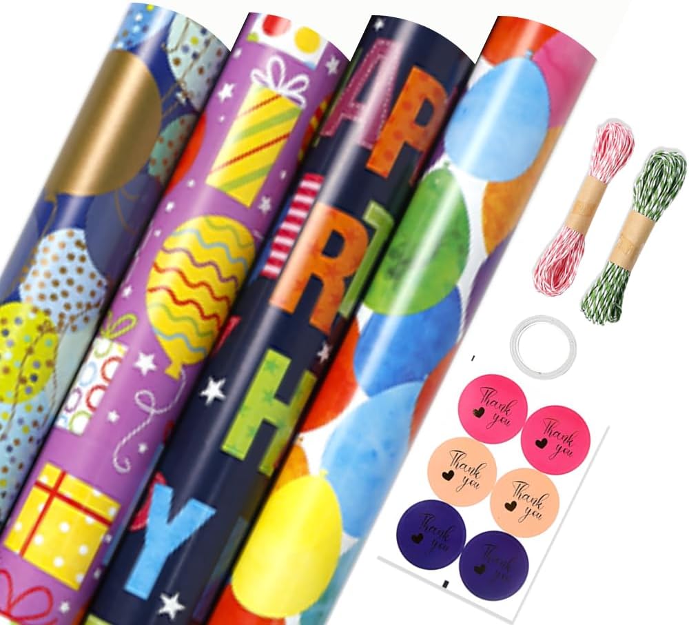 Gift Wrapping Paper Roll Set Included 4 Pack Gift Kraft Wrap Paper with Hemp String Sticker and Tape for Birthday Party Graduation Eid Boys Girls kids baby Men Women 43 cm X 3 m Per Sheet