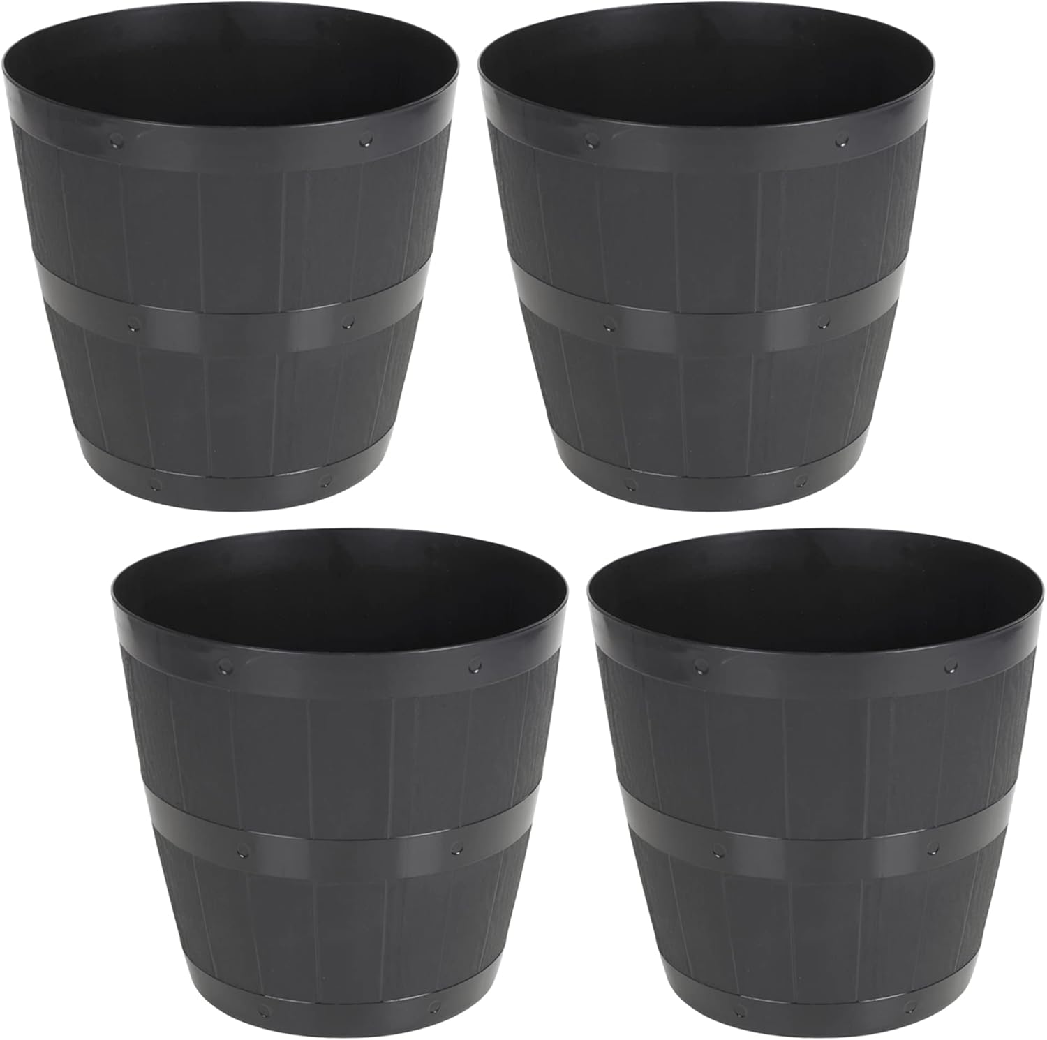 URBNLIVING 4 x 4L Round Plastic Barrel Style Wood Look Plant Pots Garden Indoor Outdoor Flower