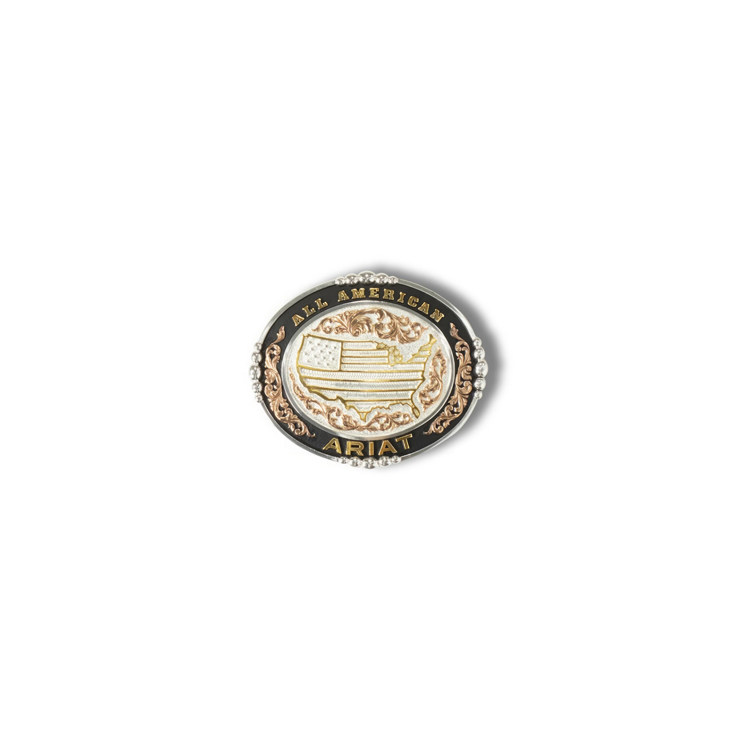 ARIAT Fibbia ovale con motivo USA, formulazione americana, accenti bordo bordato, argento e oro, 3-1/4 "x 4", Argento/oro., 3-1/4" x 4"